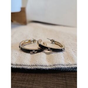 Gold Hoop Earrings Black Enamel Rhinestone Accent Jewelry